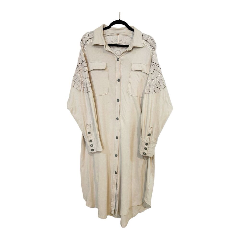 Free People Arctic Circle Sz M Knit Maxi Top Duster Button Down Natural Ecru